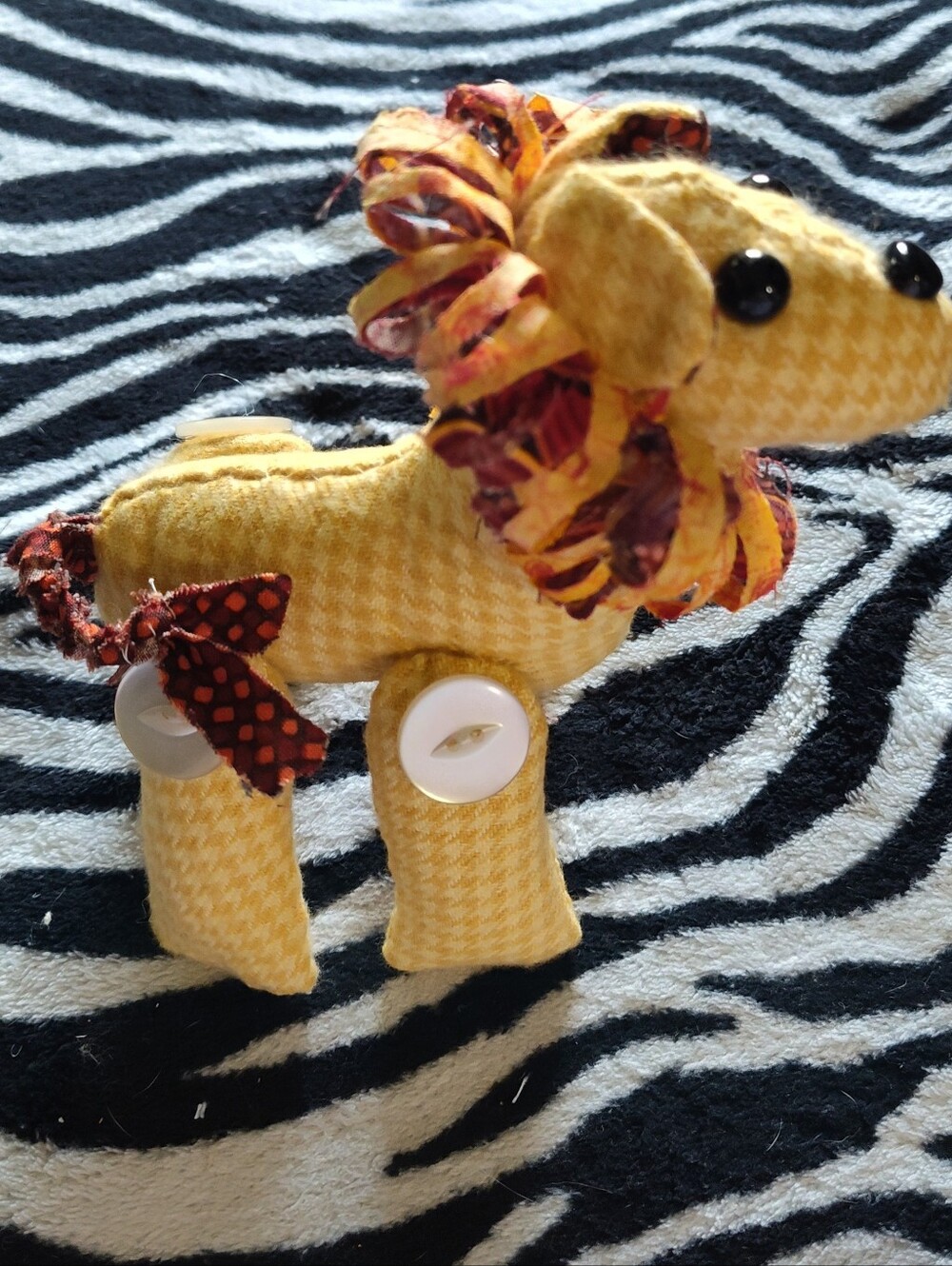 Yellow Houndstooth Plush Lion Toy with Ribbon Mane